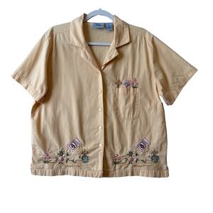 Vtg Jane Ashley Embroidered Beaded Button Up Top Peach Garden Cottagecore L
